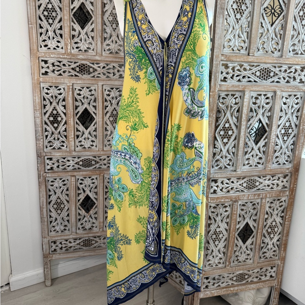 ONE WORLD Yellow and Green Asymmetrical Sundress Plunge Neckline